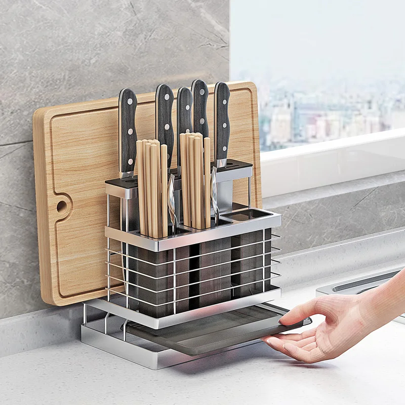 

304 Stainless Steel 3 in 1 Kitchen Sink Stand Storage Rack for Knife Holder Cutlery Organizer Chopping Board Container Tools WF