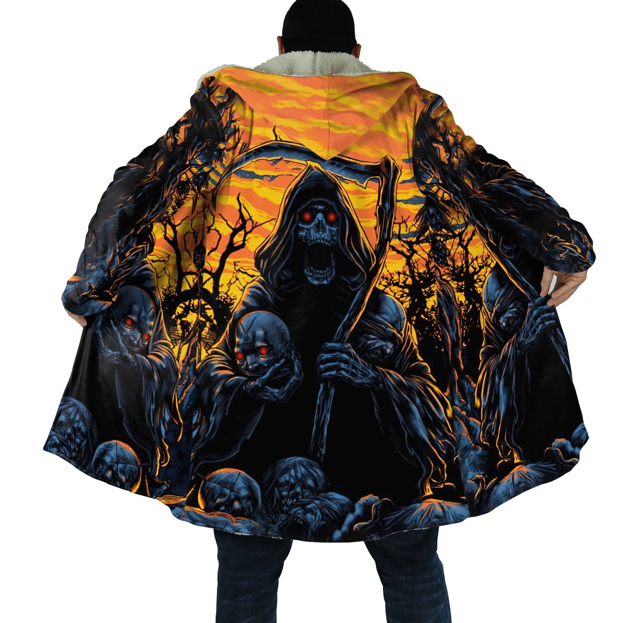 

Fashion men's winter hooded cloak Cloak Reaper Skull Tattoo3D printed wool hooded cloak Unisex casual thick insulated cloak top
