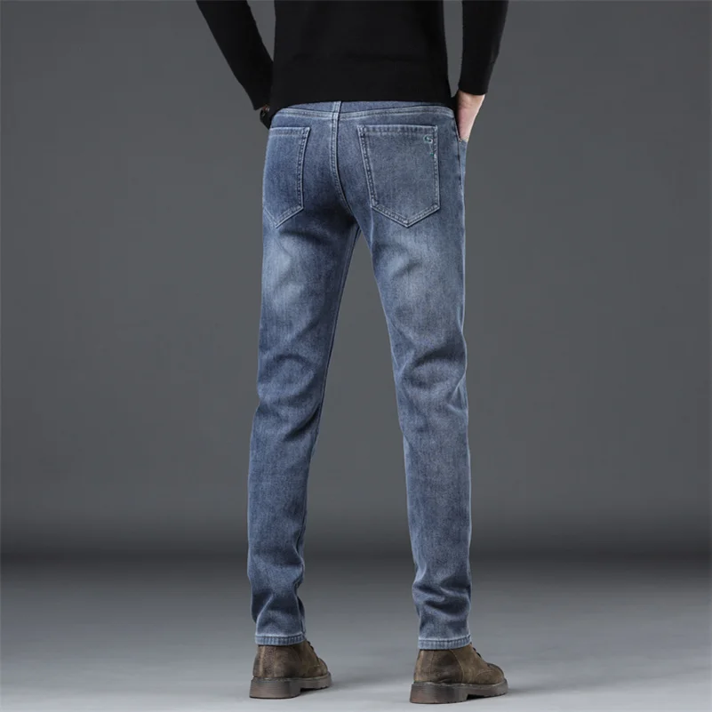 Men Jeans Men's Thermal Stretch Jeans Winter Snow Warm Plush Slim Narrow Leg Jeans Thicken Fleece Denim Long Pants Korean Fashion Trousers