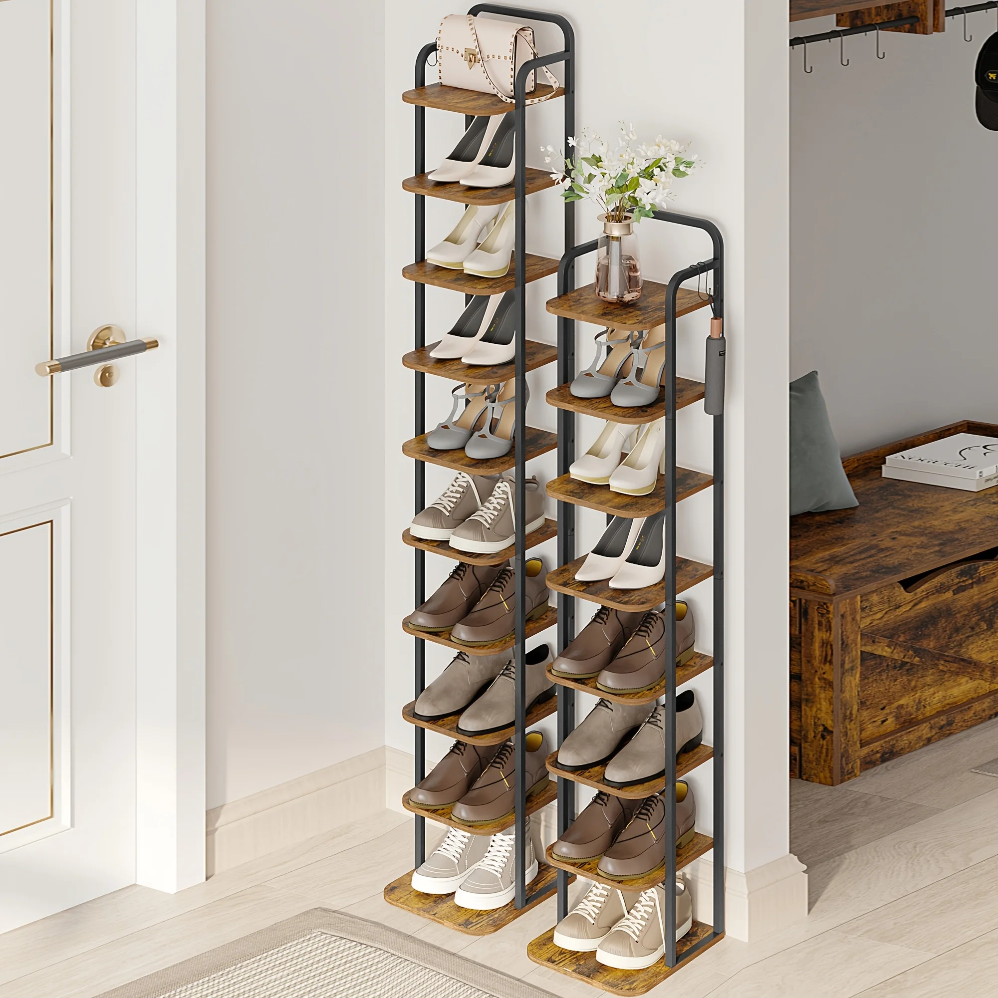 Vertical Shoe Rack, Shoe Shelves, Wood Shoe Organizer for Closet, Entryway, Shoe Tower for Small Spaces, Free Standing, with 2