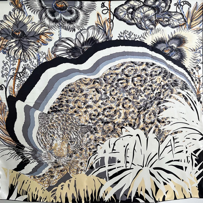 

110CM Large Size 100% Mulberry Silk Square Scarf Shawls For Women Neck Scarf Plain Color Jungle Leopard Printed Headbands 2023