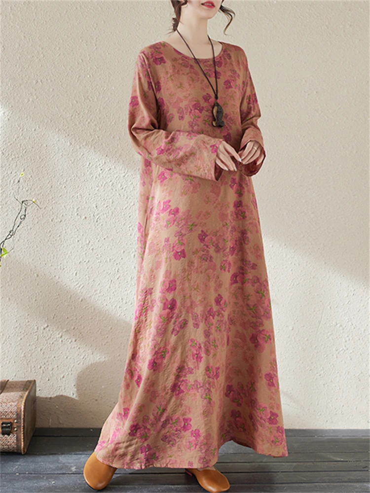 2025 Spring Autumn Cotton Vintage Long Sleeve Print Dresses For Women Casual Loose Dress Femme Robe Vestidos Elegant Clothing