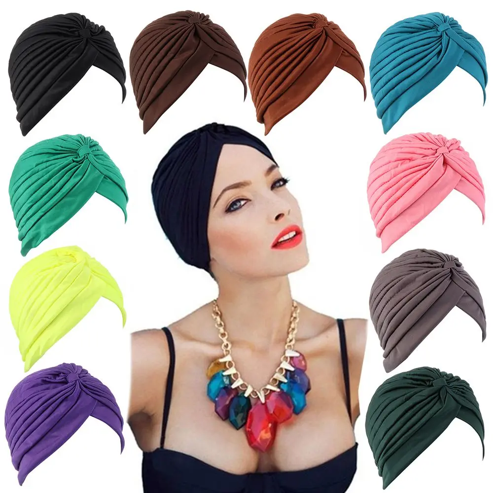 

Women Stretchy Turban Muslim Hat New Style Head Wrap Ladies Solid Color Head Cover Hat Bandana Hair Loss Chemo Cap