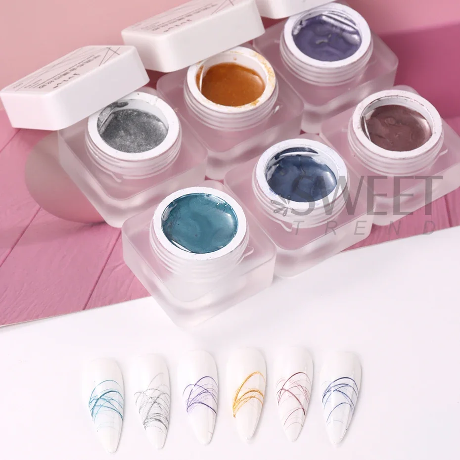 6pcs Semi Solid Metallic Line Gel Nail Polish Gold Spider Wire Glue DIY Stripe Flower Drawing Painting French Manicure Varnish