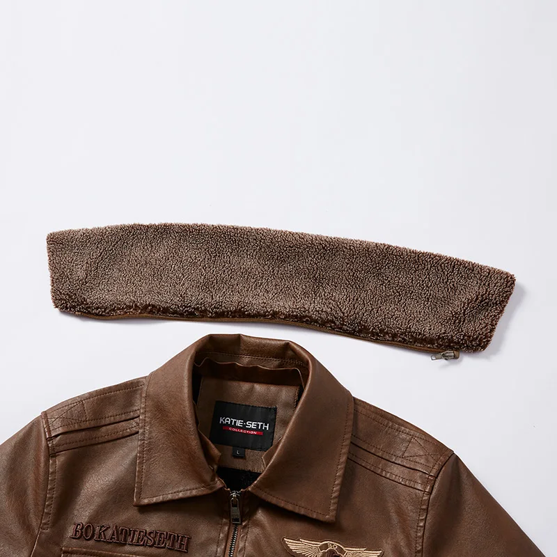 Winter Leather Jacket for Men's Casual and Fashionable Solid Color Windproof Fur Collar PU Coat Outdoor Bomber Flight Jacket
