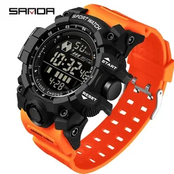 SANDA Men's Waterproof Outdoor Sports Watch with LED Analog Digital Display and Multifunctional Big Dial (Black orange)