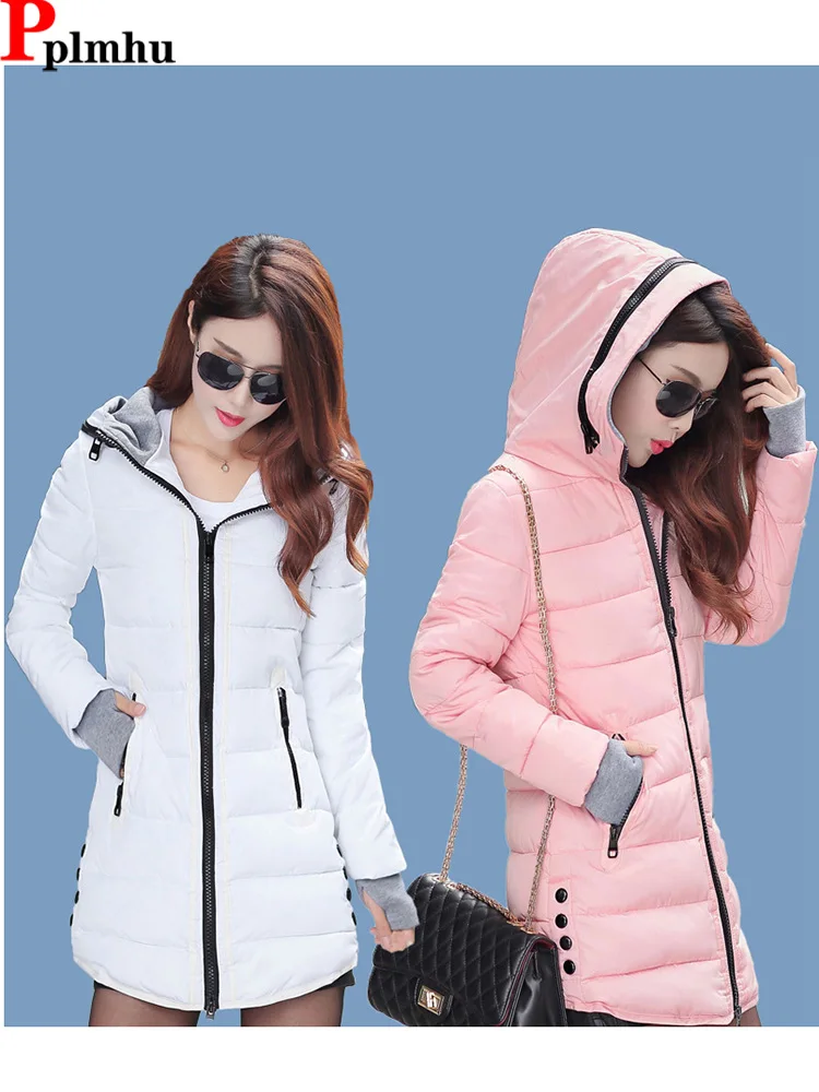 

Korean Y2k Slim Hooded Women's Parkas Fashion Mid-length Cotton Jackets Winter Thick Padded Coat Casual Snow Oversized Outerwear