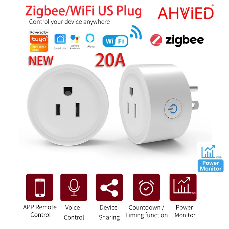

Штепсельная Вилка AHVIED Tuya WiF Zigbee с функцией измерения энергии, 20 А/16 А, американская розетка, умное управление через приложение, работает с Alexa Google Home