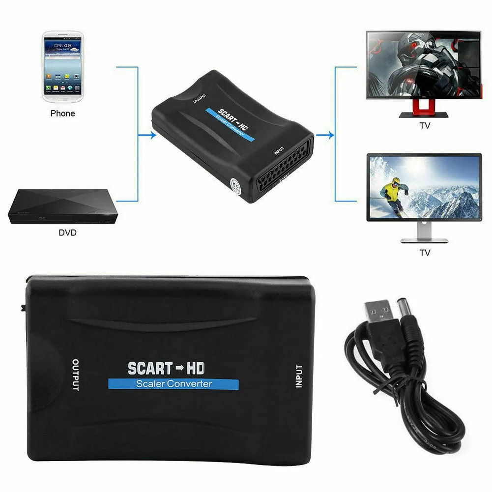 HDMI to SCART 비디오 오디오 업스케일 컨버터 어댑터, USB 플러그 앤 플레이, 1080P