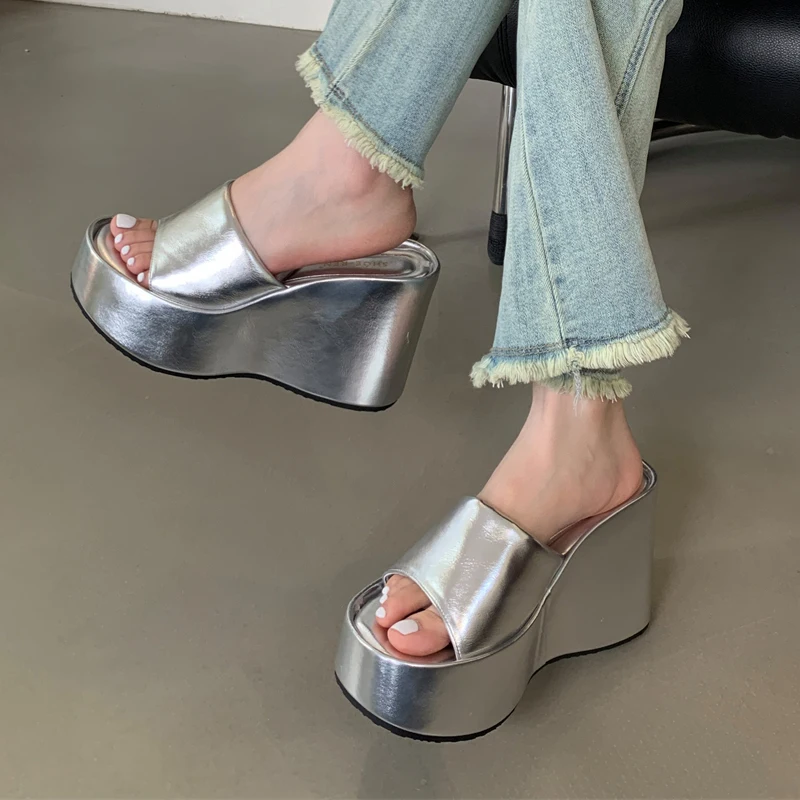 

Black Heeled Sandals Silver High Heel Wedges Women Slippers Summer Chunky Platform Shoes Ladies Sandalias 2024 Mujer