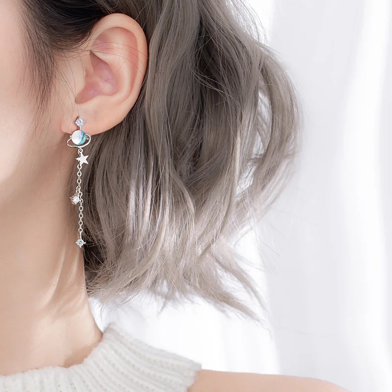 CIAXY Silver Color Star Earrings for Women Blue Space Universe Planet Zircon Circle Long Earrings Korean Fashion Jewelry - Image 4