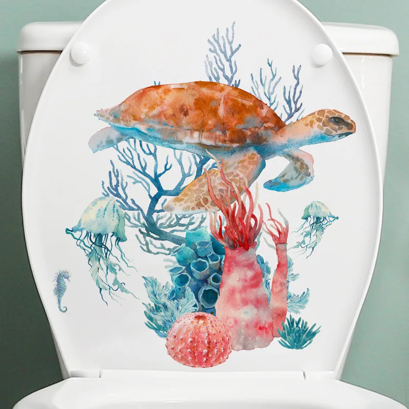 Sea Turtle Coral Jellyfish Toilet Lid Decal Sticker Bathroom Beautification Self-Adhesive Decoration Waterproof Sticker M894
