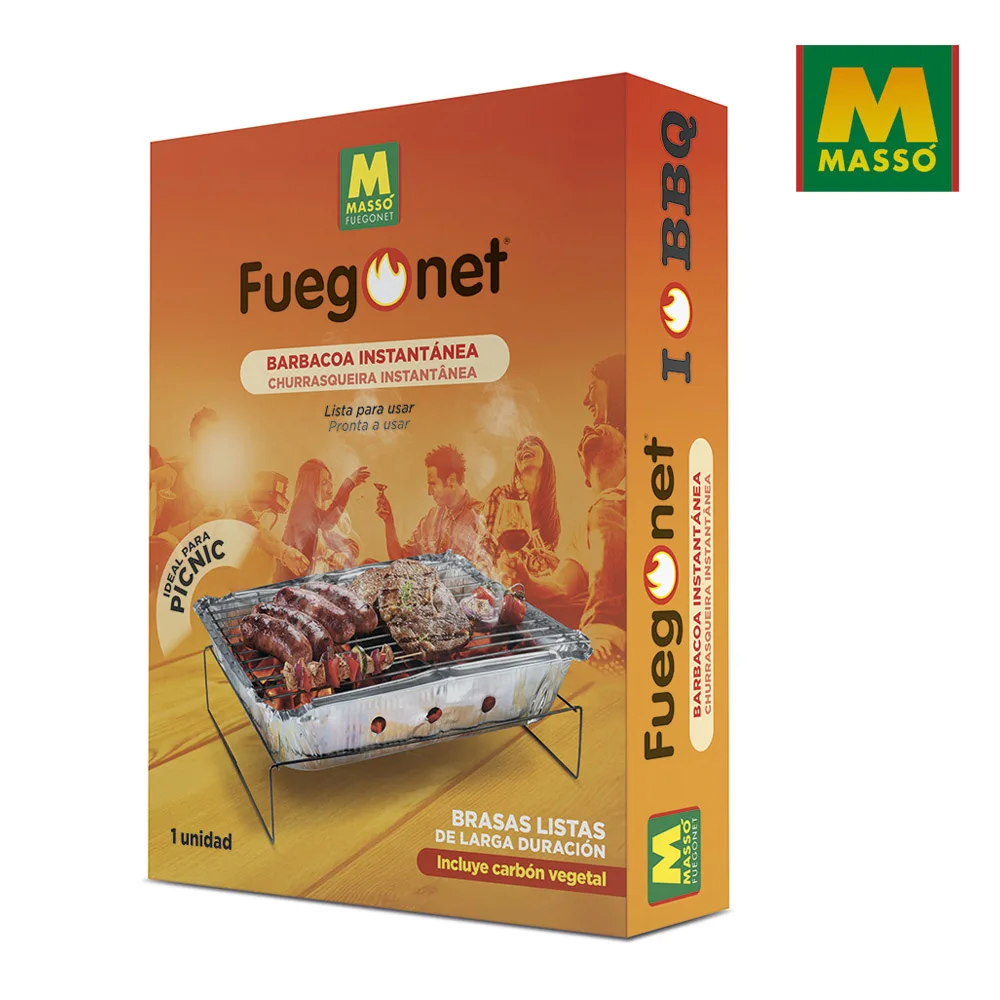 Instant Barbecue Fuegonet Masso. Barbecue single use self-lit charcoal  briquettes on BBQ stove