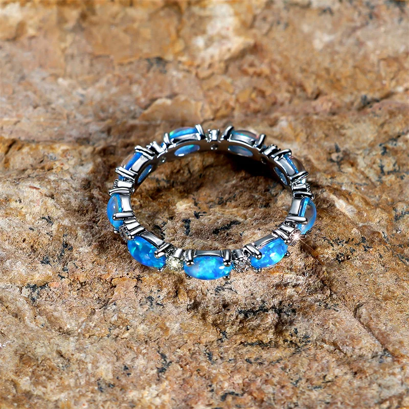 Boho Female Small Oval Stone Ring Fashion Rose Gold Silver Color Wedding Rings For Women Blue White Fire Opal Engagement Ring