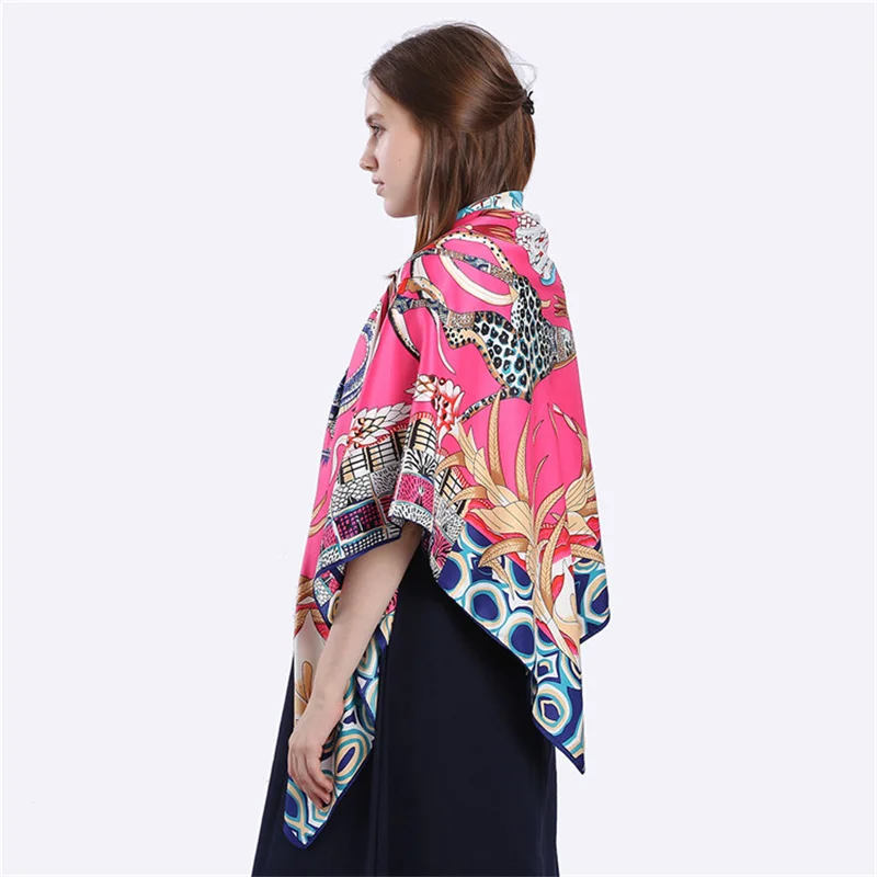 POBING 능 직물 실크 스퀘어 스카프 동물 프린트 여성 스카프 & 랩 기린 Neckerchief 스페인어 Foulards 캐시콜 대형 두건
