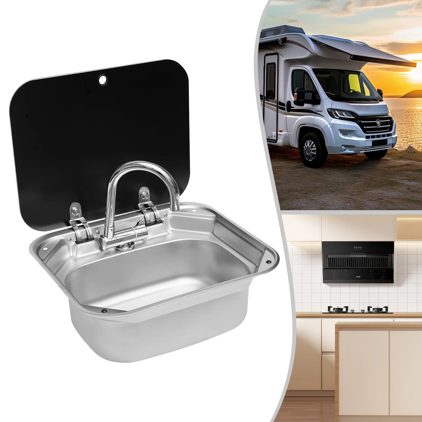 RV Sink 41x36.5cm/16.14x14.37inch Stainless Steel Sink with Hot and Cold Water Faucet Foldable Pipes with Lid