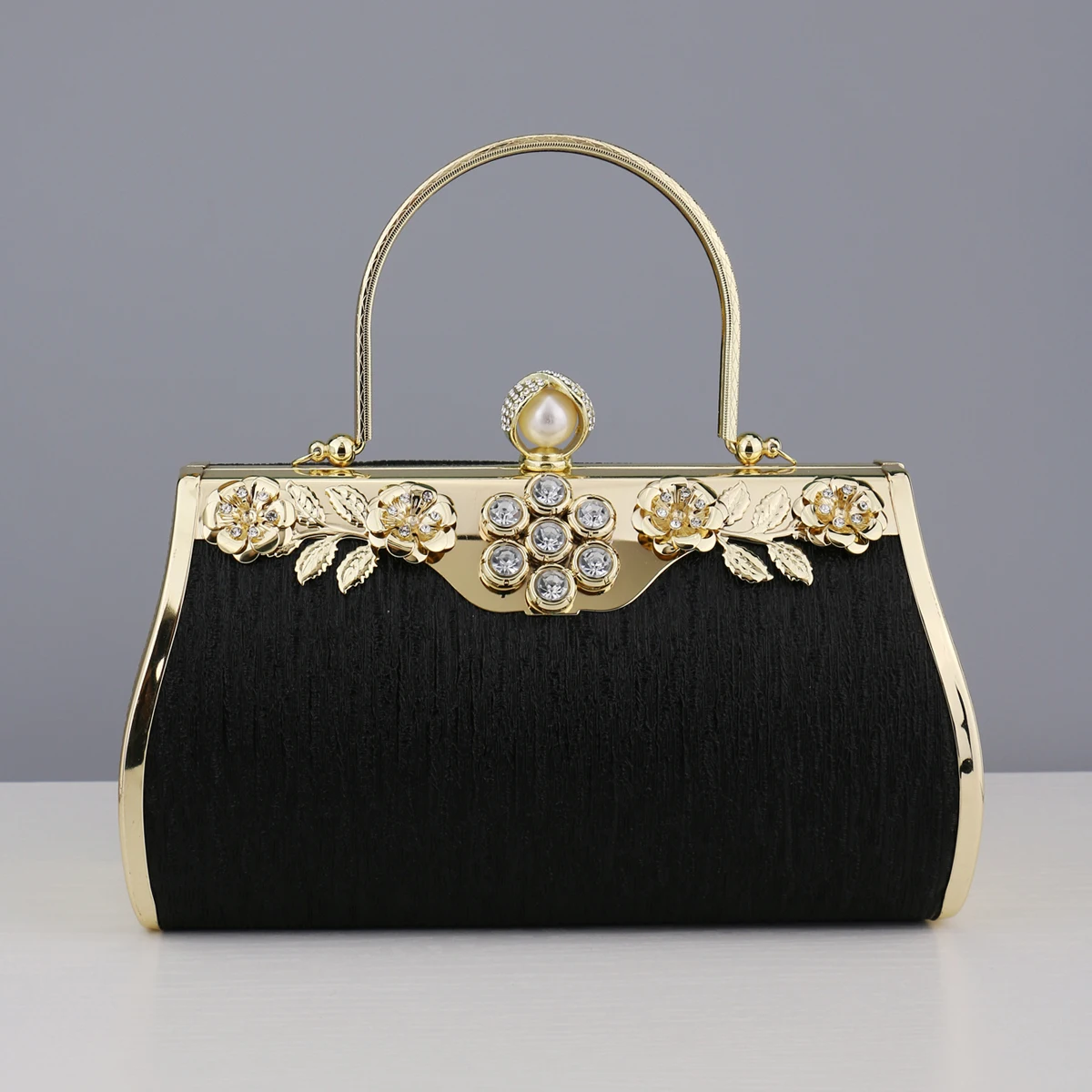 Golden Evening Clutch Bag with Diamonds and Flower Print