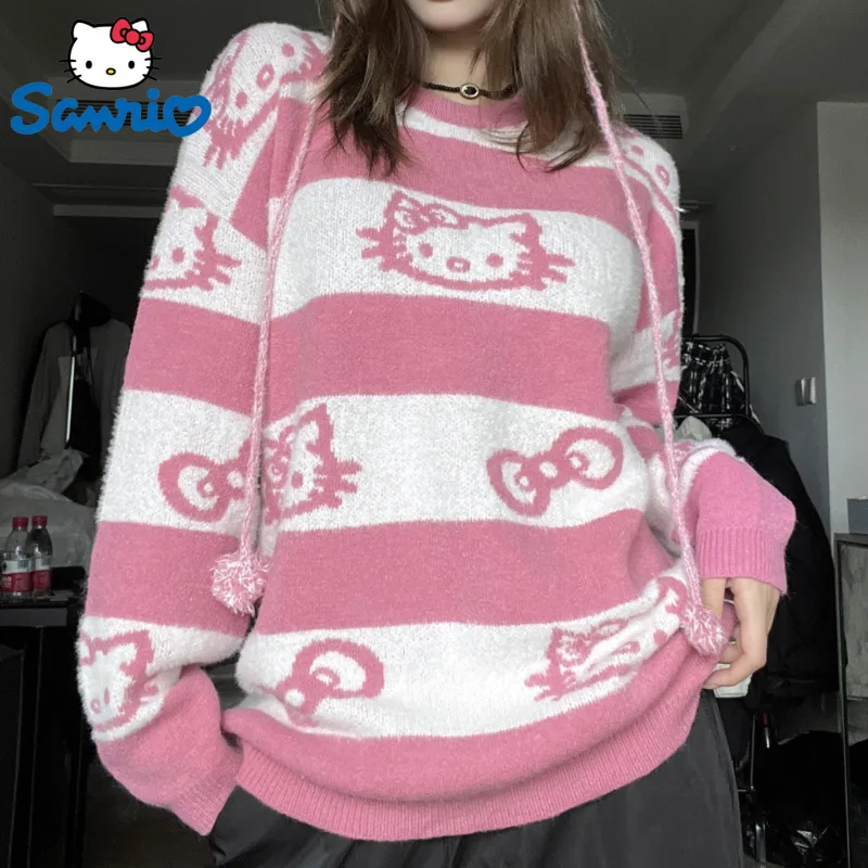 

Sanrio, Hello Kitty Розовые вязаные пуловеры, милый полосатый свитер с милым мультяшным рисунком, свободная вязаная одежда оверсайз, женская зимняя теплая одежда