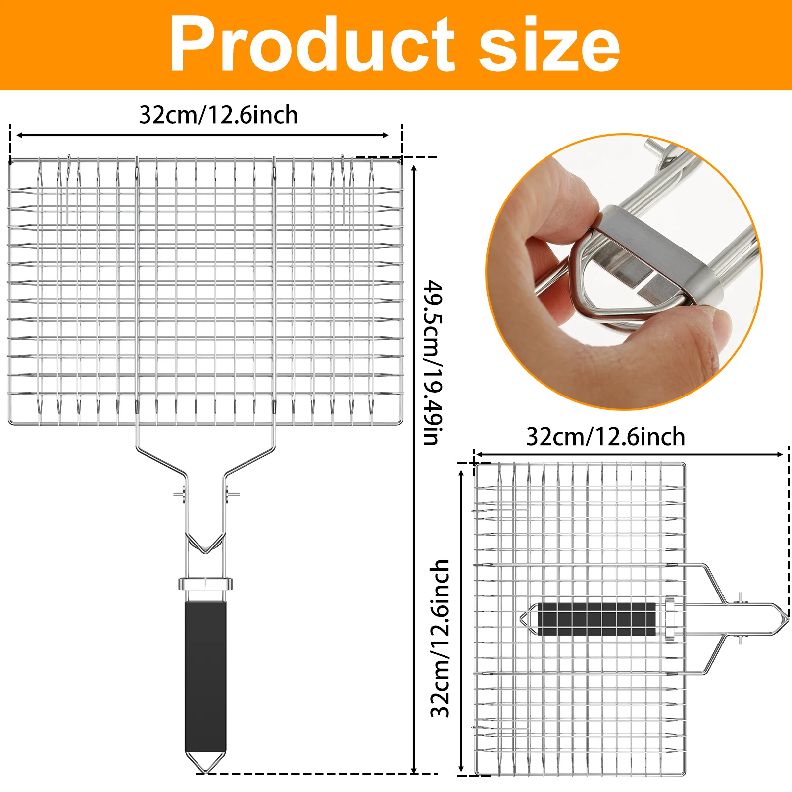Stainless Steel Grill Basket with Easy Open/Close Lid Portable Foldable Handle Large Capacity Grilling