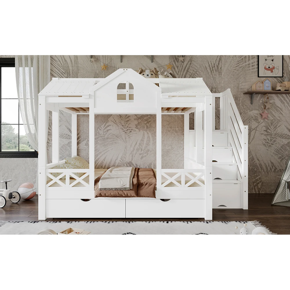 90 x 200 cm und 140 x 200 cm großes Etagenbett, zwei Schubladen mit Rollen, Bett mit Fenster und Dach, Treppenschrank mit 4 Ablagefächern – Detail 13