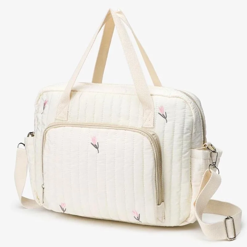Baby Diaper Bag Cute Bear Flower Embroidery Pattern Mommy Bag Baby Beige Cotton Fabric Zipper Diaper Handbag New Luggage Bag