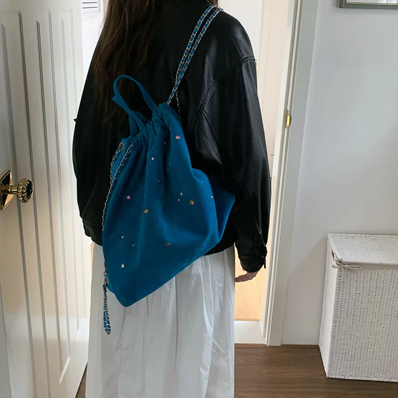 JulioFlorecer Korean Niche Frosted PU Suede Patchwork Colorful Gemstone Chain Backpack Drawstring Bag Female Purse Free Shipping