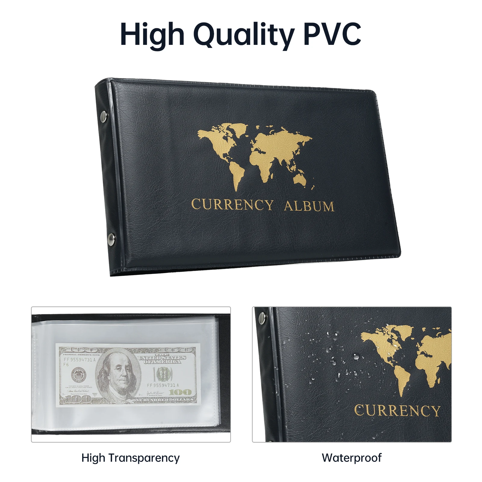 Banknote Currency Collecting Album 40 Pockets 20 Sheets Clear Dollar Bill Holders World Money PU Leather Hard Cover Storage