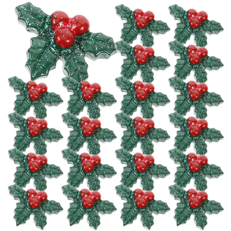 

50Pcs Resin Holly Leaves Berries Charms Resin Embellishments Trees Wreath Crafts Ornaments Leaves, Diy Patches Gloves Hair Clips