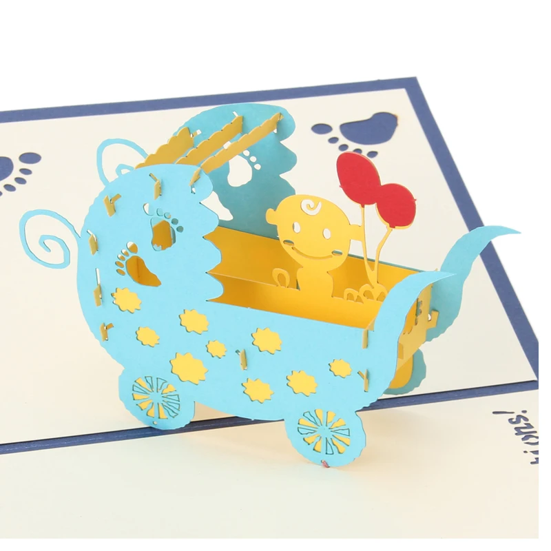 3D Pop Up Baby Carriages Stroller Greeting Card Congratulations Birthday Baby Shower Envelope Invitation Gifts