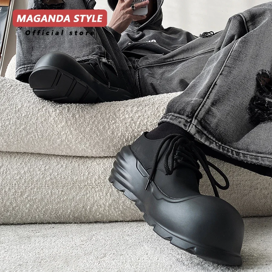 Handsome~Comfortable Dad Shoes Men Mickey Uphead Leather Shoes Thick Bottom Increased by 8CM Ugly Cute Black Warrior Bread Shoes 4