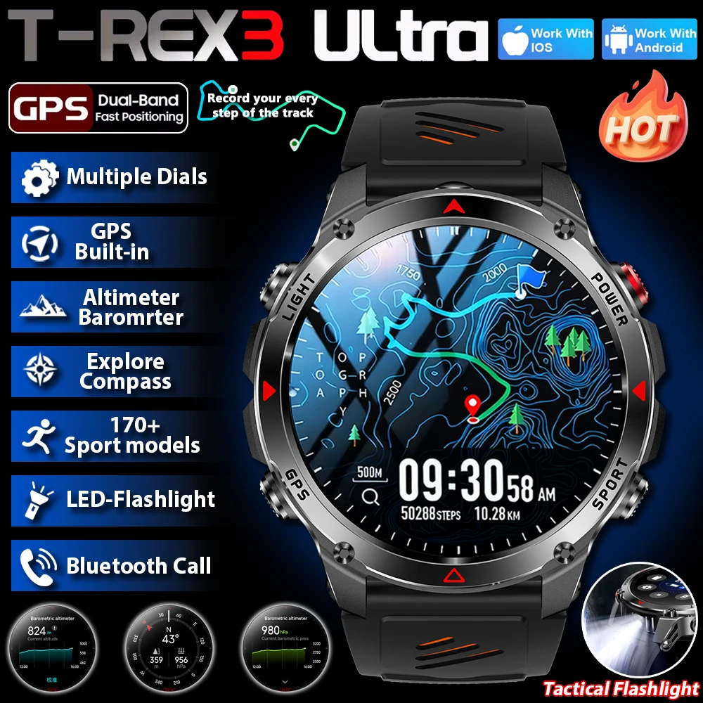 2026 New T-Rex 3 Ultra Military Dual-band GPS Smart Watch 5ATM&IP69K Compass Altimeter AMOLED Flashlight Durable AGPS Smartwatch 1