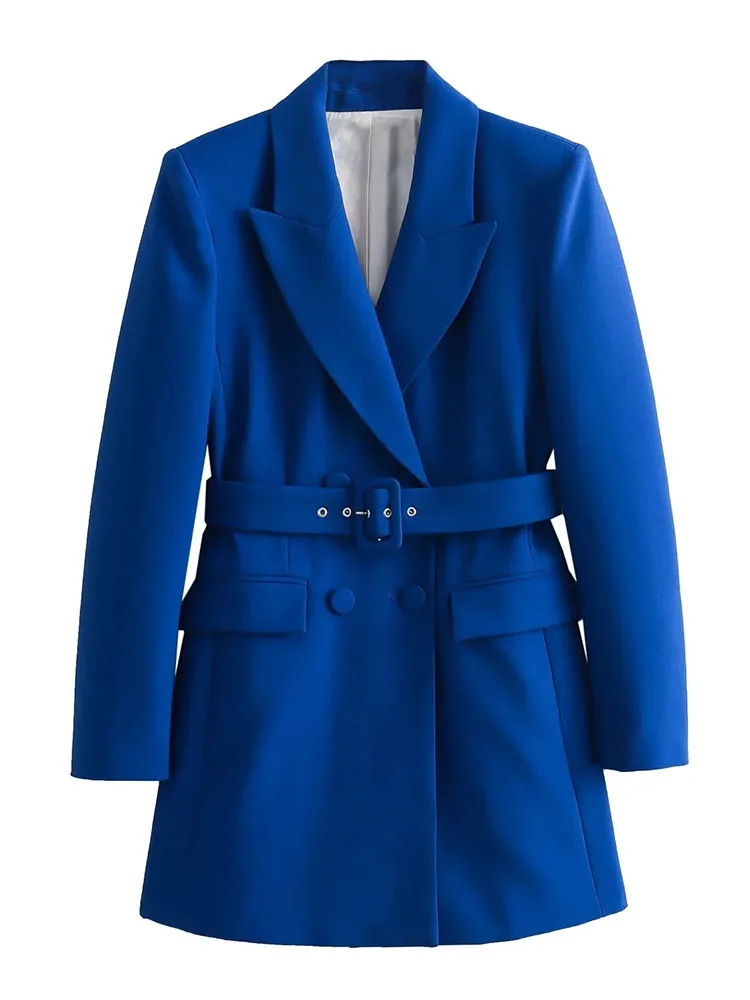 

ZADATA 2023 autumn and winter women's new blue long suit jacket double-breasted button shoulder pad long-sleeved suit jacket