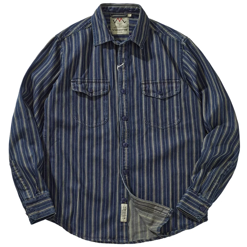 Denim Shirt Vintage vertical stripe denim shirt with heavy Aimi khaki cargo wash to make old men's coat