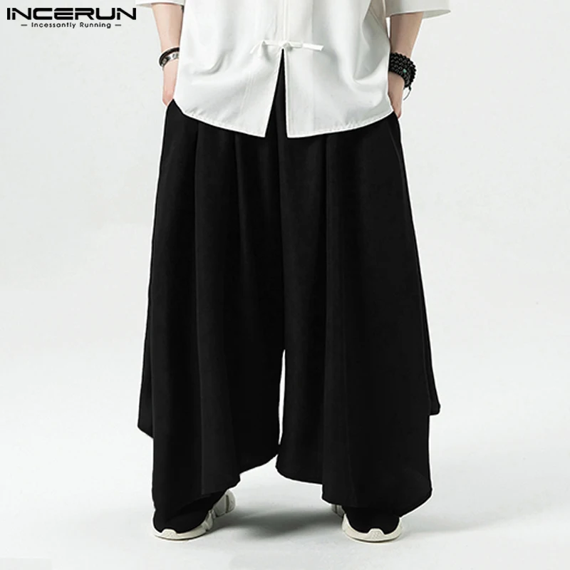 

INCERUN 2023, мужские брюки с широкими штанинами в китайском стиле, Повседневная Уличная одежда, однотонные универсальные брюки, свободные Необычные Длинные брюки