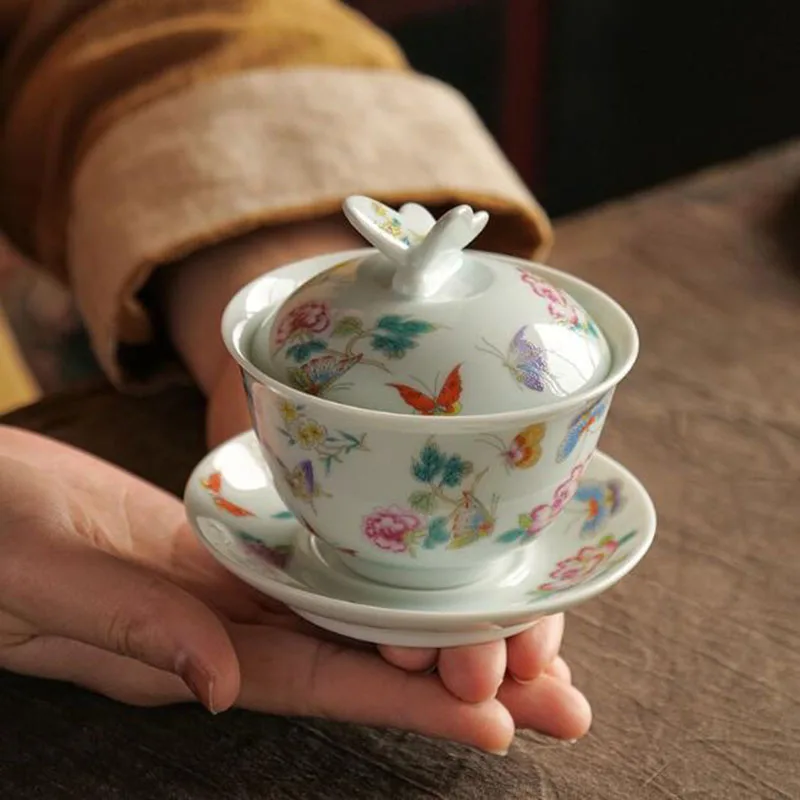 Glazed Enamel Butterfly Lid Sancai Gaiwan Tea Tureen Kungfu Tea Cup Infuser Bowl Set Kitchen Teaware