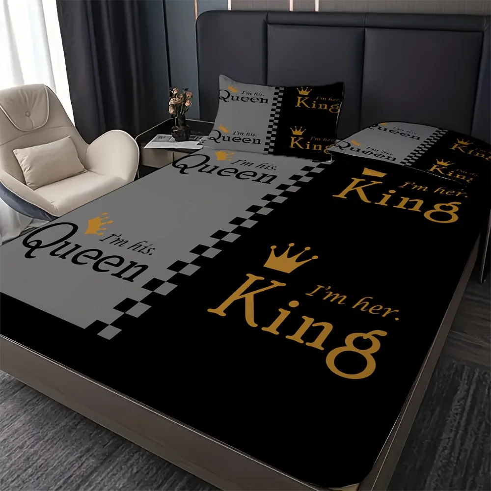 Queen King Golden Crown Couple Print Fitted Sheet Set 1* Fitted Sheet+2*Pillowcases Mattress Cover Soft Breathable Bedding Set 4