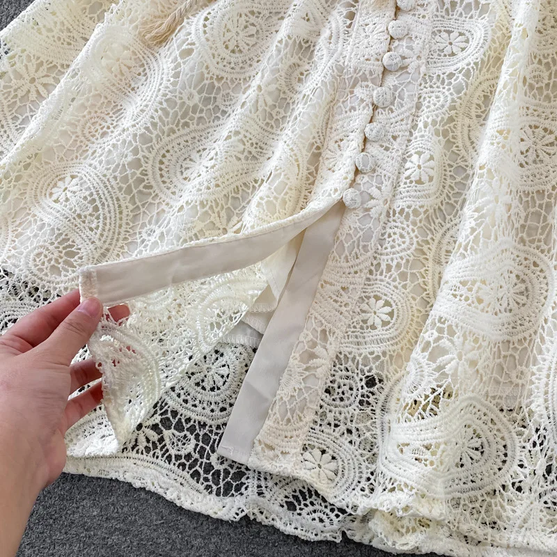 Vintage Court Style Lace Dress Women Elegant Hollowed Out Lantern Long Sleeve Slim Party Dresses Ladies Beige Black Long Robe