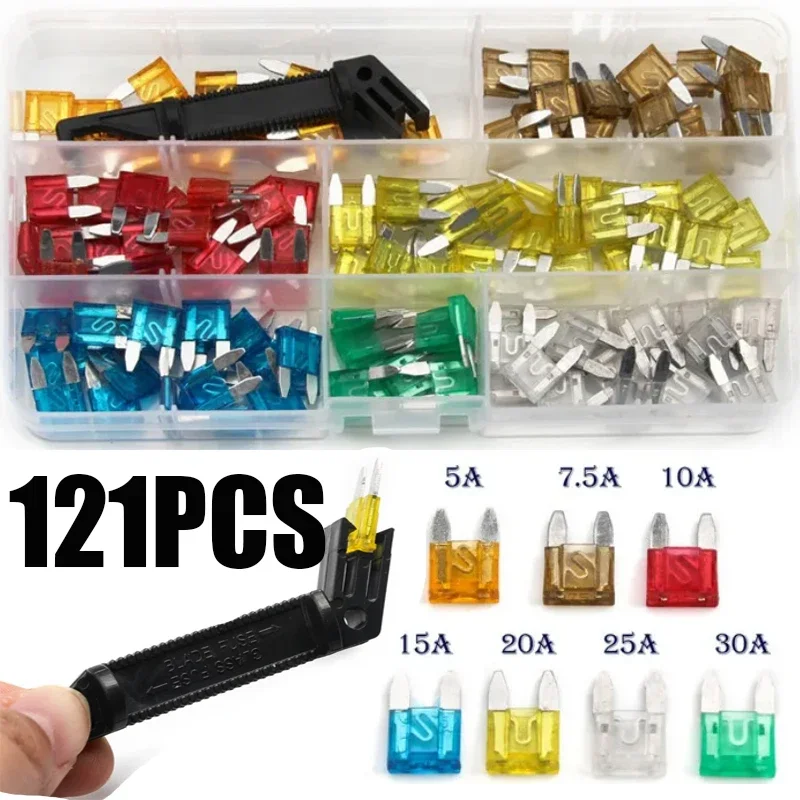 121pcs Small Medium Car Vehicle Circuit Fuse Blade with Black Fuse Blade Holder For Automotive Boat 5A 7.5A 10A 15A 20A 25A 30A