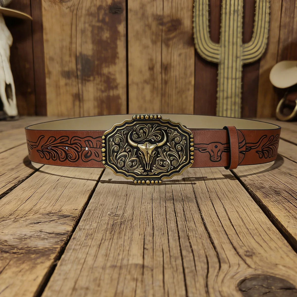 Plus Size Unisex Western PU Leather Vintage Belt with Bull Decoration and Horse Buckle