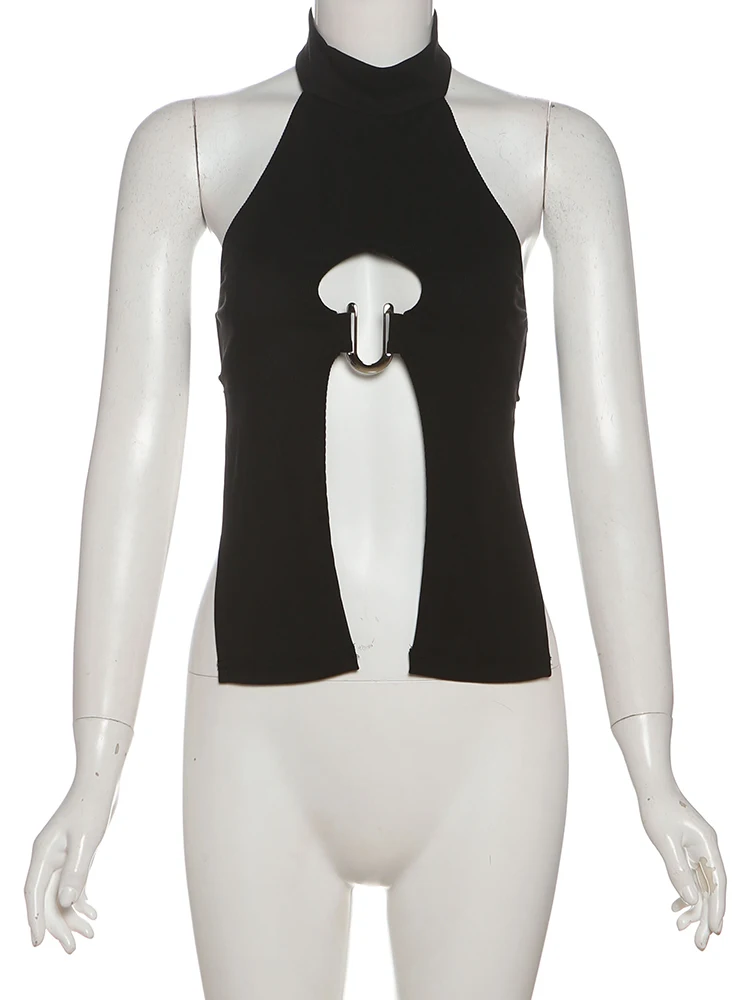 Nibber u-Shaped Metal Ring Tops Women Splits o-Neck Backless Sleeveless Coquette Buttons Halter Sexy Hottie Midnight Clothes