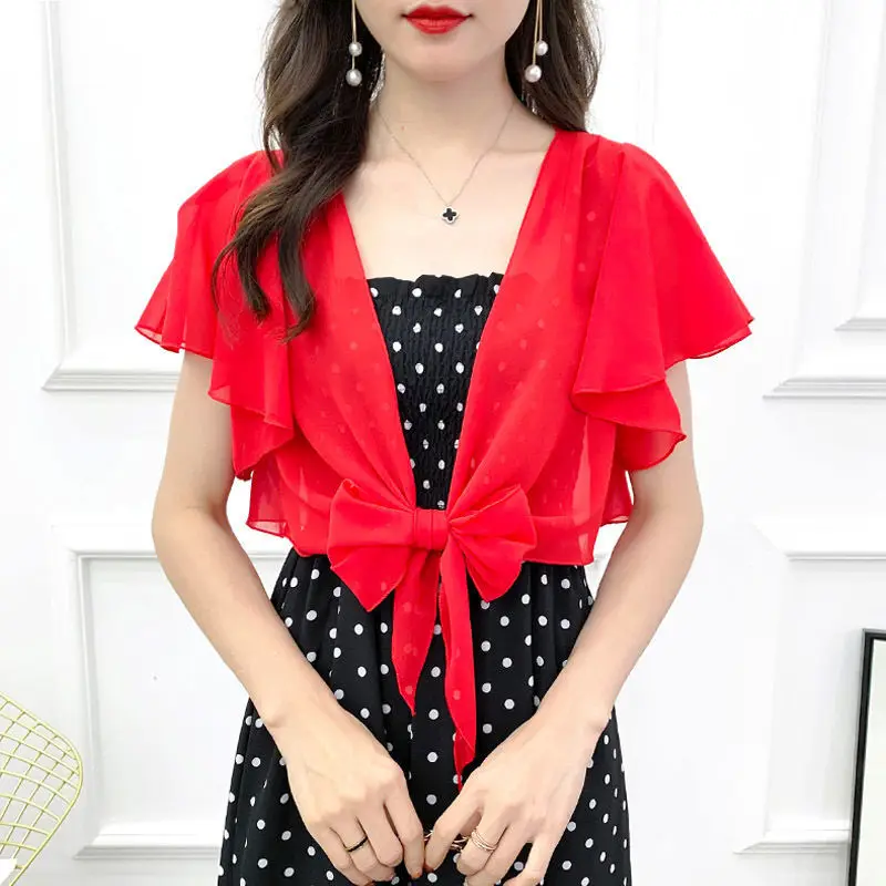 

Korean Short Chiffon Bow Sunscreen Shawl Women's Summer Thin Transparent Blouse Shoulders Fake Collar Cape Knotted Scarf T95