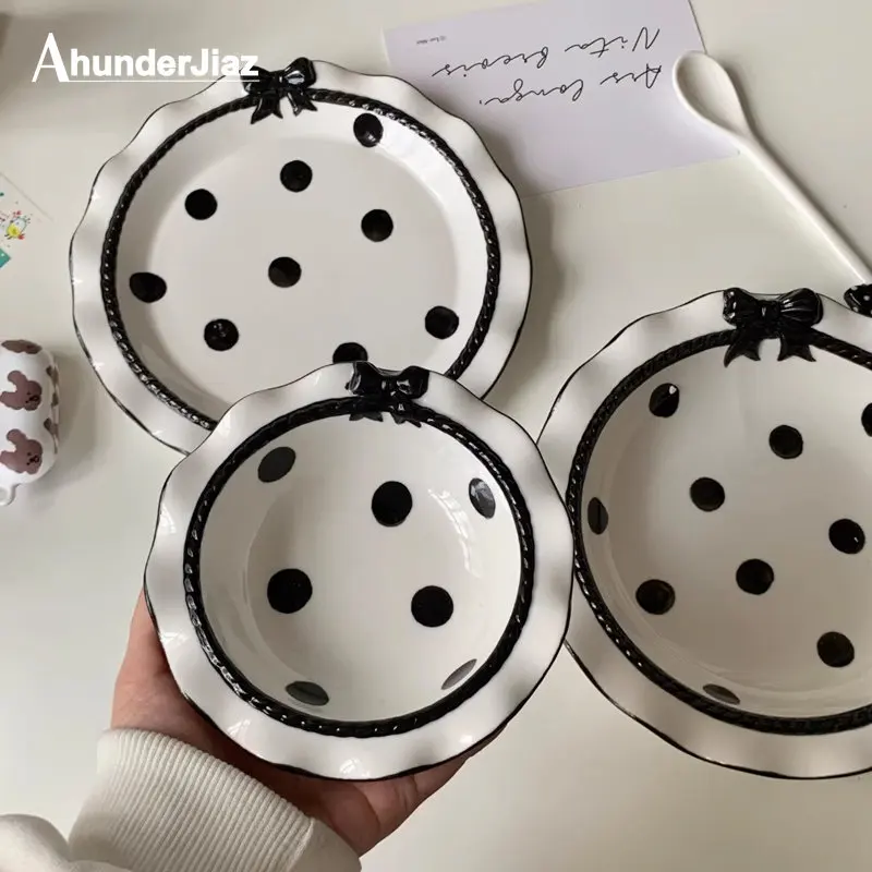 

Ahunderjiaz-Nordic Style Tableware Set, Polka Dot Ceramic Dinner Plate, Cute Bow Rice Bowl, Household Tableware, 5 ", 8"