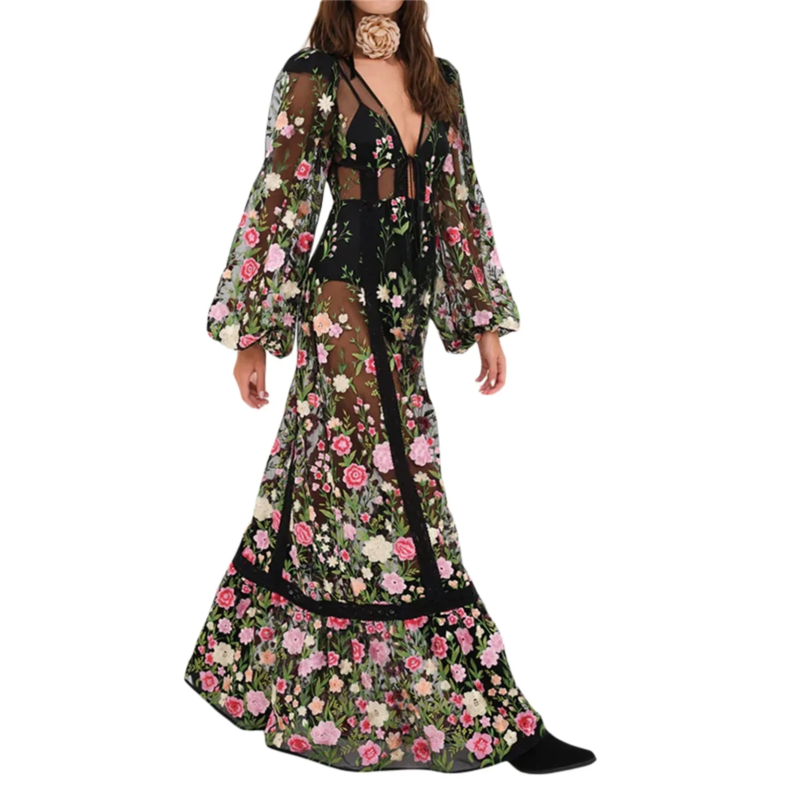 Women's Clothing Summer 2024 Trend Sweet Long Beach Dress Long Sleeve V Neck Backless Floral Embroidered Bikini Cover Up 2