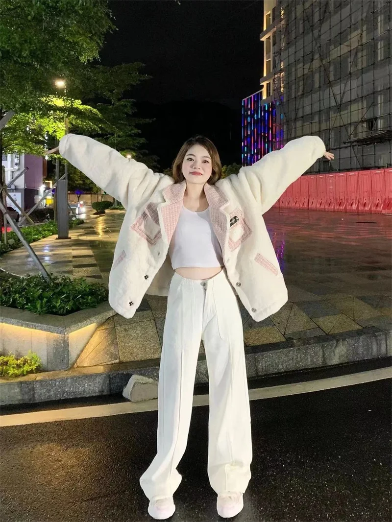 2023 New Autumn and Winter Pink White Lamb Fleece Small Fragrance Spliced Coat for Women's Loose and Fashionable Versatile Top