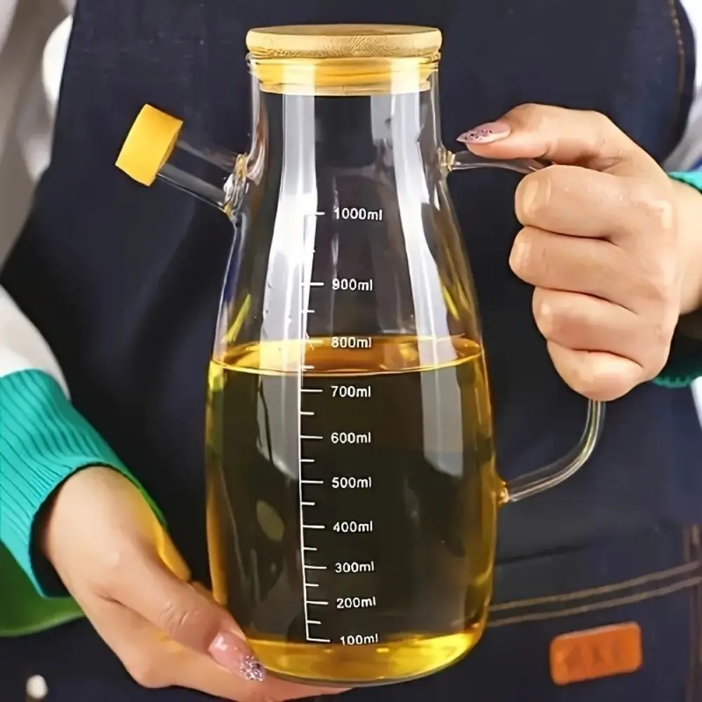 Large Transparent Heat-Resistant Glass Oil and Vinegar Dispenser with Handle and Lid