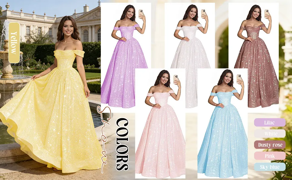 Off the Shoulder Sequin Tulle Ball Gown for Women Prom Evening Dress with Corset Back Quinceanera