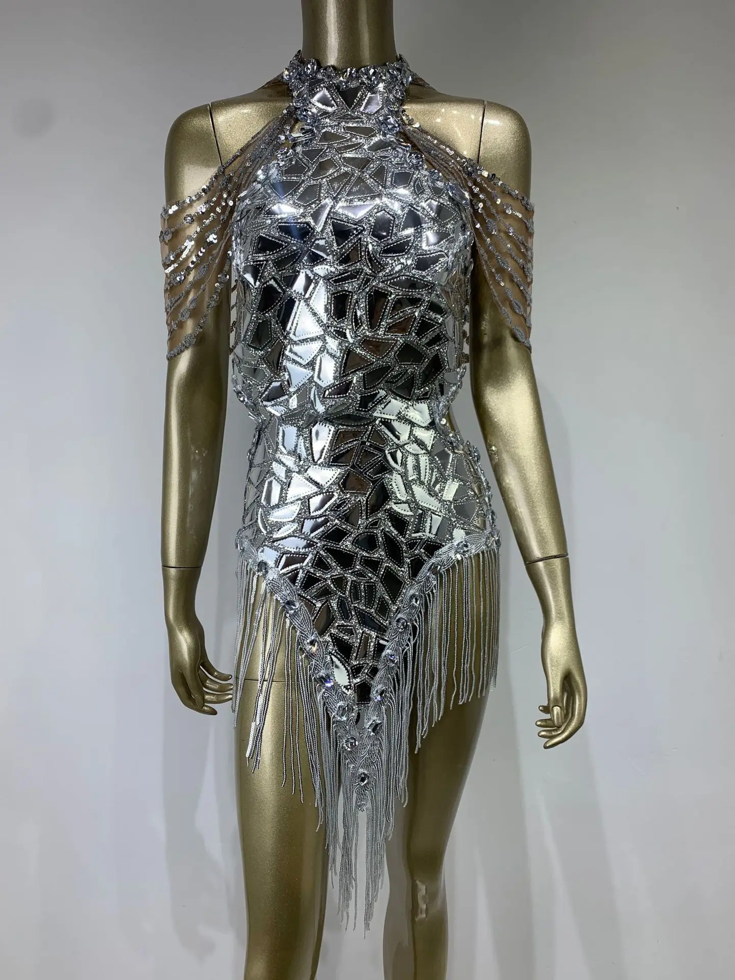 Rhinestone Sparkly Silver Sequins Leotard Bling Sexy Dance Fringes Bodysuit Costume Birthday Singer Stage Wear