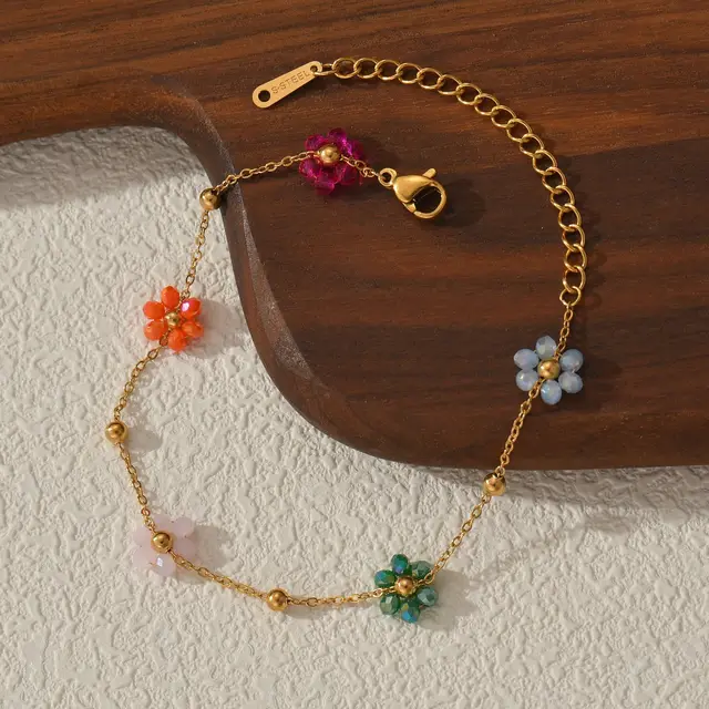 Freeteeme Bracciale fiore colorato moda per donne Ragazze Gioielli in acciaio inossidabile Perline color oro Catena Regalo di San Valentino 3