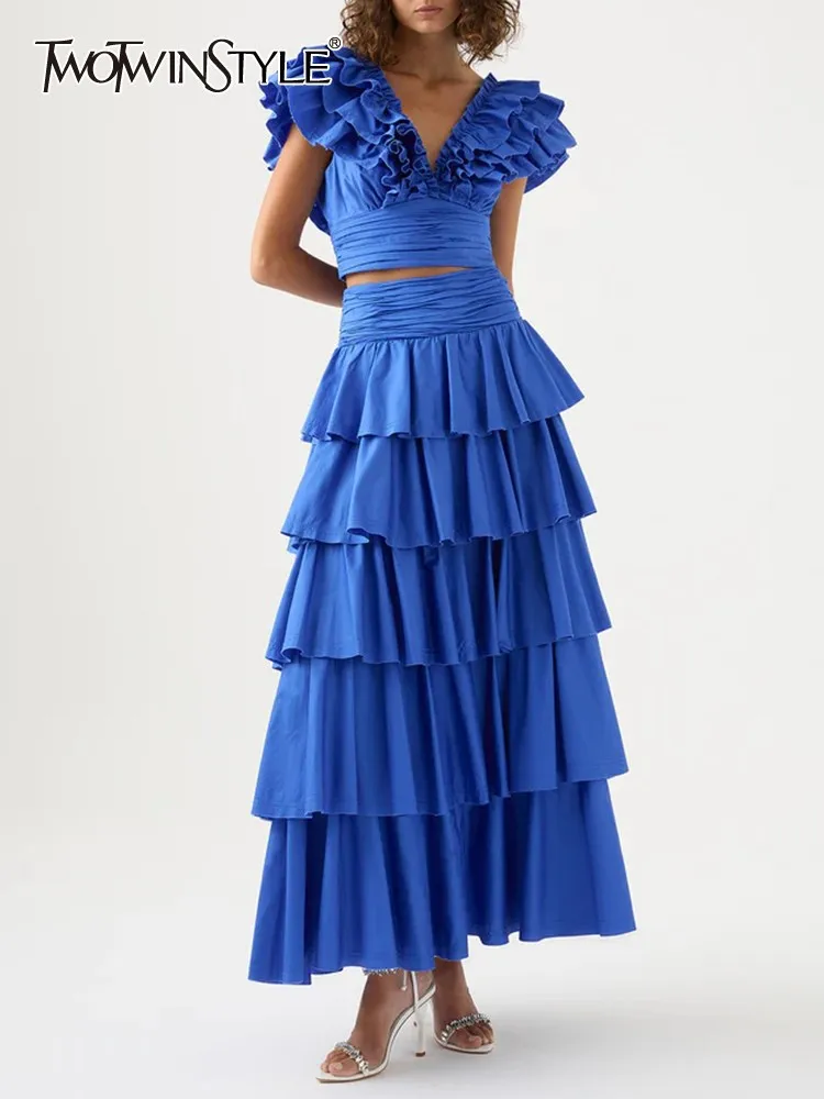 

TWOTWINSTYLE Solid Two Piece Sets For Women V Neck Butterfly Sleeve Crop Top High Waist Layered Ruffle Hem Skirt Chic Set Female