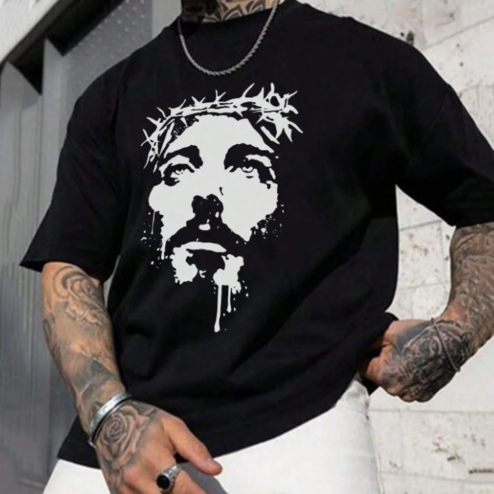 

Large T-Shirts For Men's 3D Jesus Print Man Short Sleeve T-Shirt Vintage Street Tops Hip Hop Tees Oversized T Shirt Men Clothes